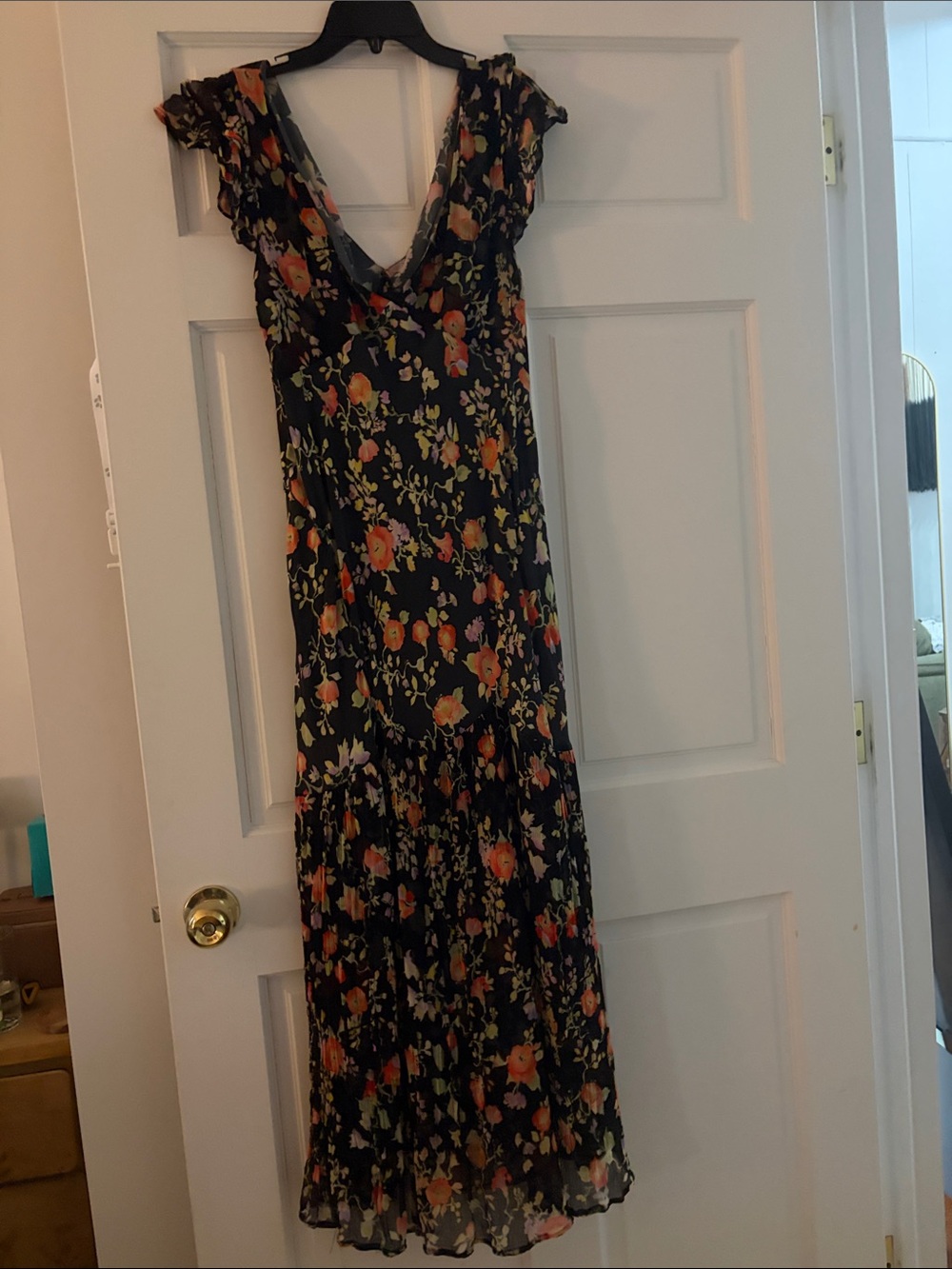 RIXO Black Maxi Dress with Orange and Green Floral Print - Picture 3 of 4